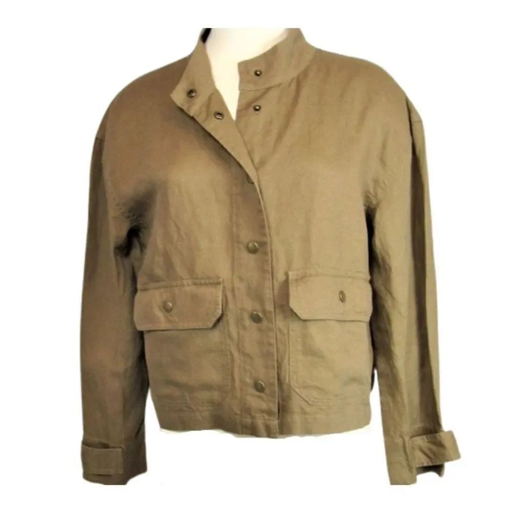 Linen Jacket Stand-Up Madarin Collar Snap Front Snap Pockets Women's Size Sm